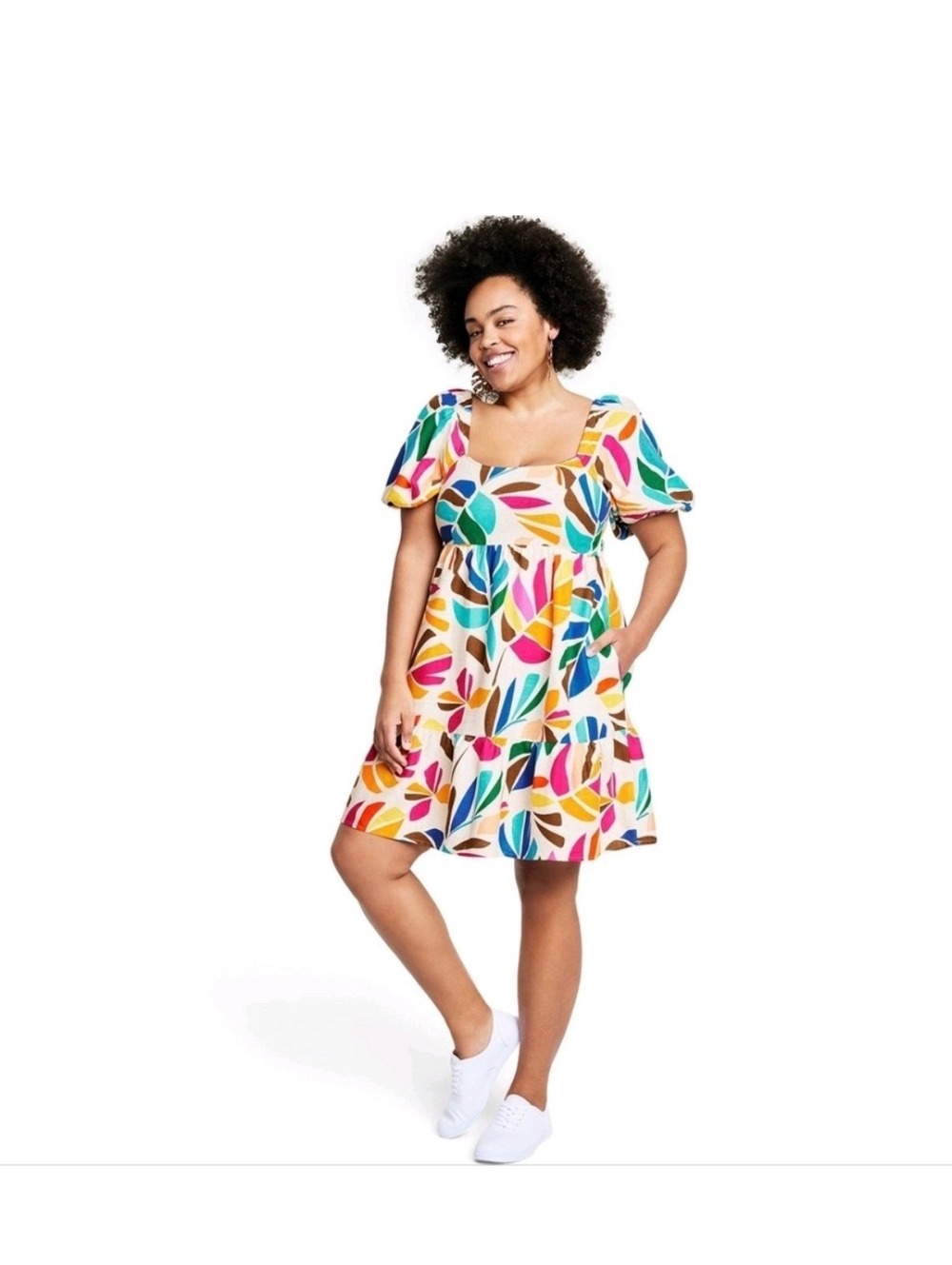 Tabitha Brown x Target Dress M NWT Linen Blend Botanical Puff Sleeve Multicolor